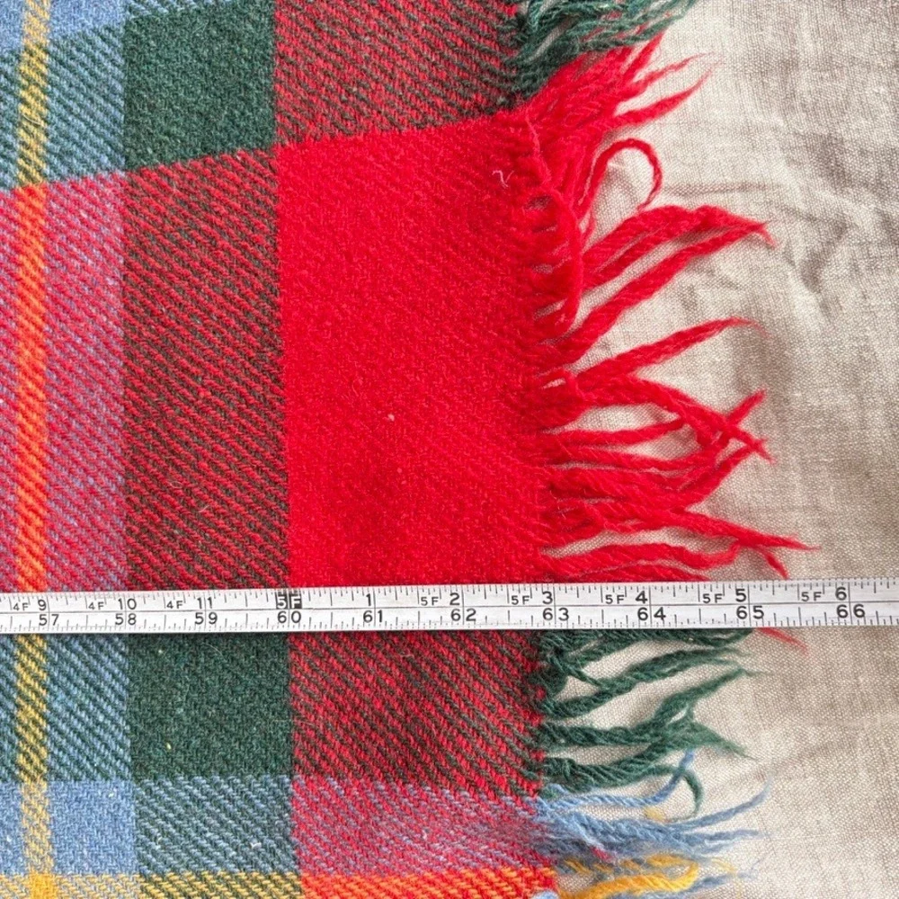Vintage‎ Plaid Wool Blanket Throw Red Green Fringe Tartan Christmas Holiday